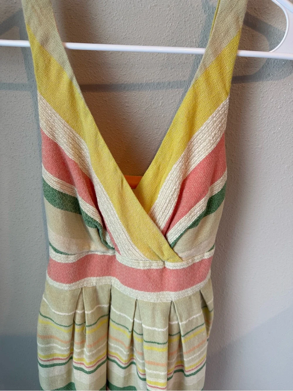 Eva Franco Striped V-Neck Summer Dress in Yellow, Pink, Green - Women